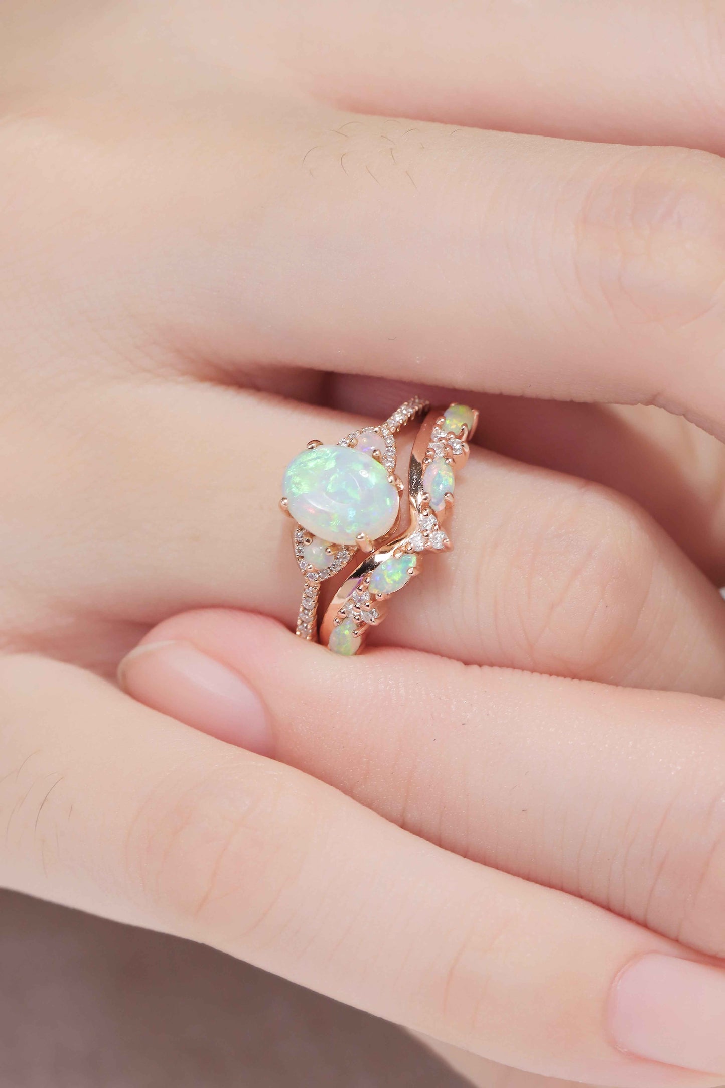 Nature Inspired Oval Shaped Natural Opal Gemstone Ring Set 2pcs