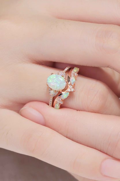 Nature Inspired Oval Shaped Natural Opal Gemstone Ring Set 2pcs