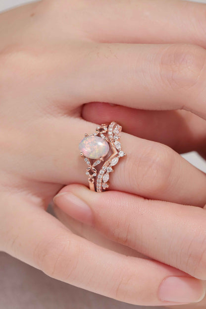 Nature Inspired Oval Shaped Opal Gemstone Ring Set 2pcs