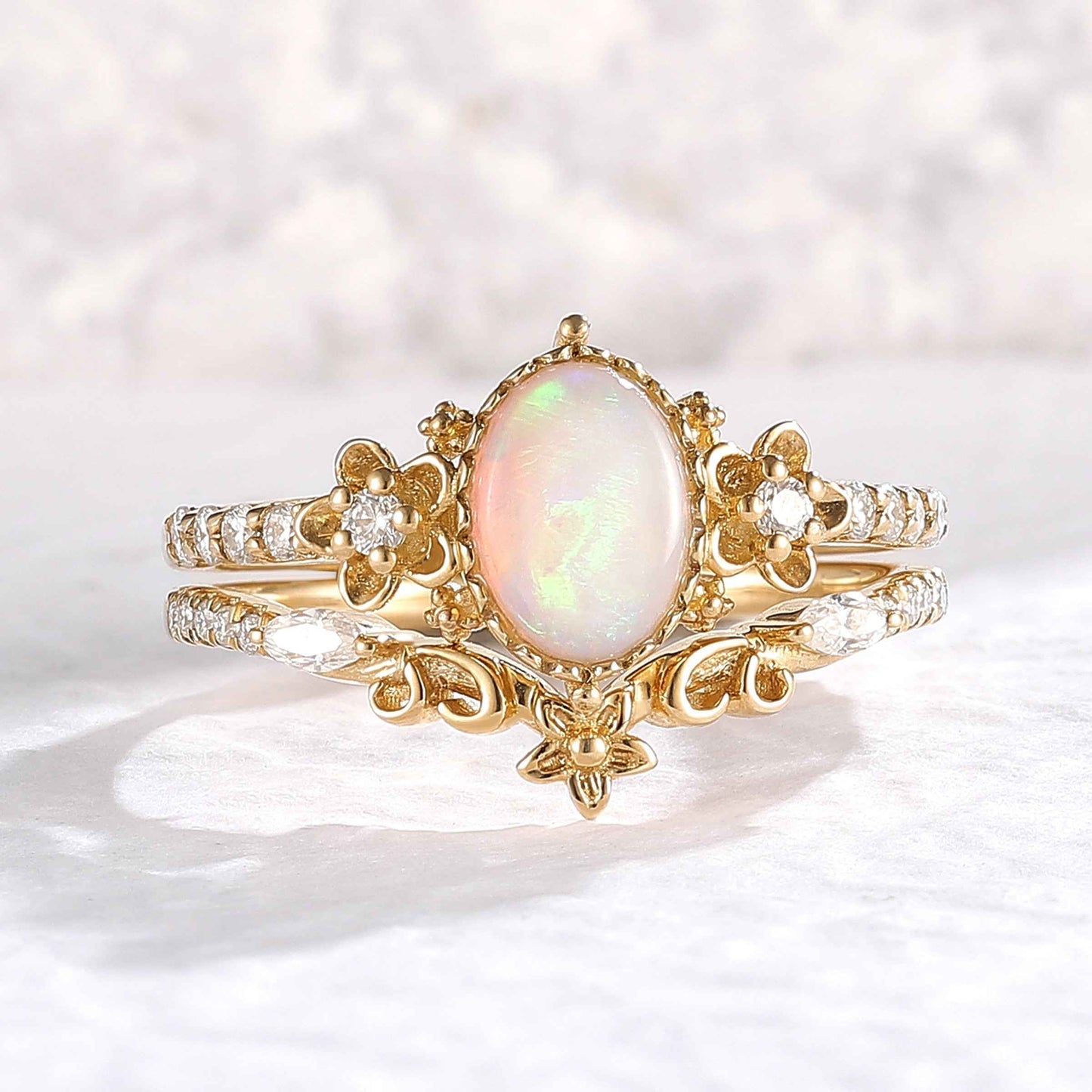 Nature Inspired Oval Shaped Opal Flora Ring 2pcs