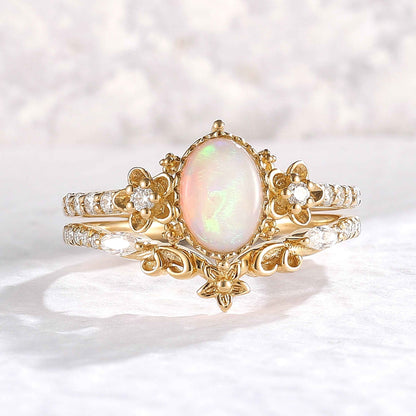 Nature Inspired Oval Shaped Opal Flora Ring 2pcs