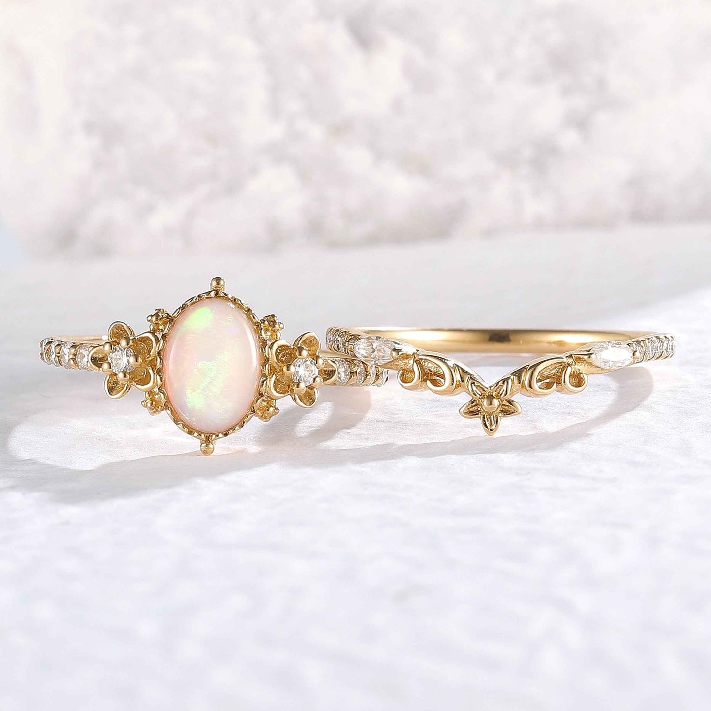Nature Inspired Oval Shaped Opal Flora Ring 2pcs