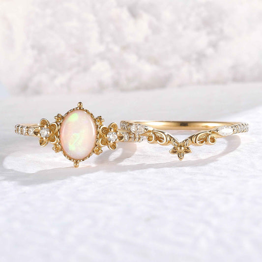 Nature Inspired Oval Shaped Opal Flora Ring 2pcs