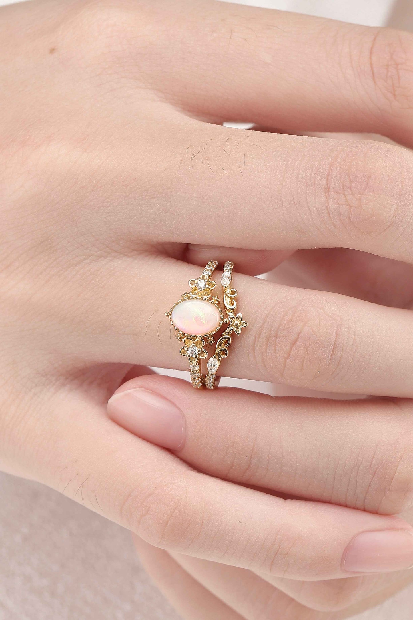 Nature Inspired Oval Shaped Opal Flora Ring 2pcs