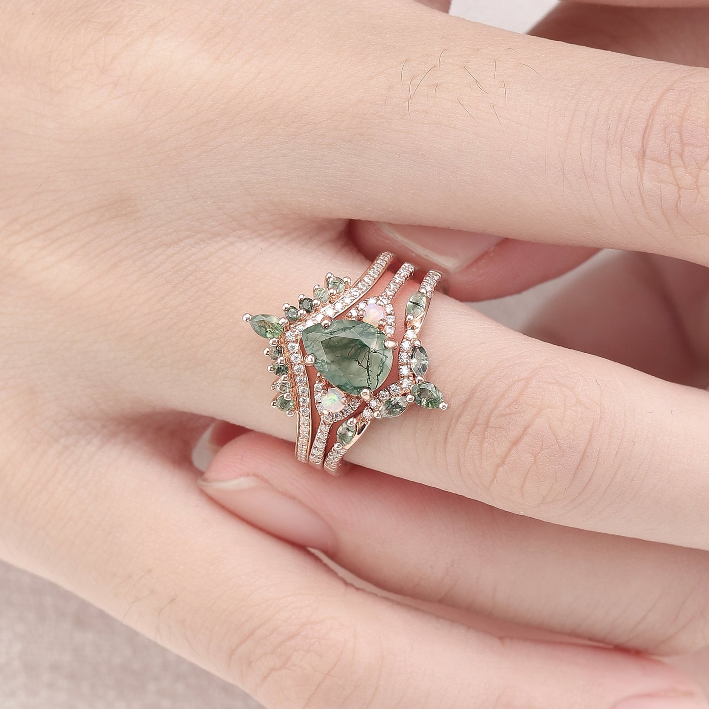 Nature Inspired Pear Cut Moss Agate Half Eternity Gemstone Ring Set 3pcs