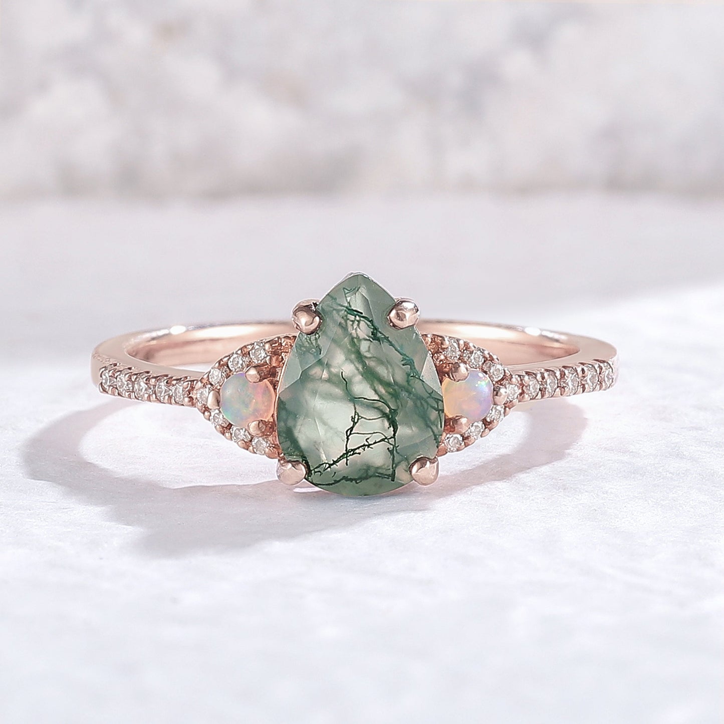 Nature Inspired Pear Cut Moss Agate Half Eternity Gemstone Ring Set 3pcs