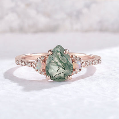 Nature Inspired Pear Cut Moss Agate Half Eternity Gemstone Ring Set 3pcs