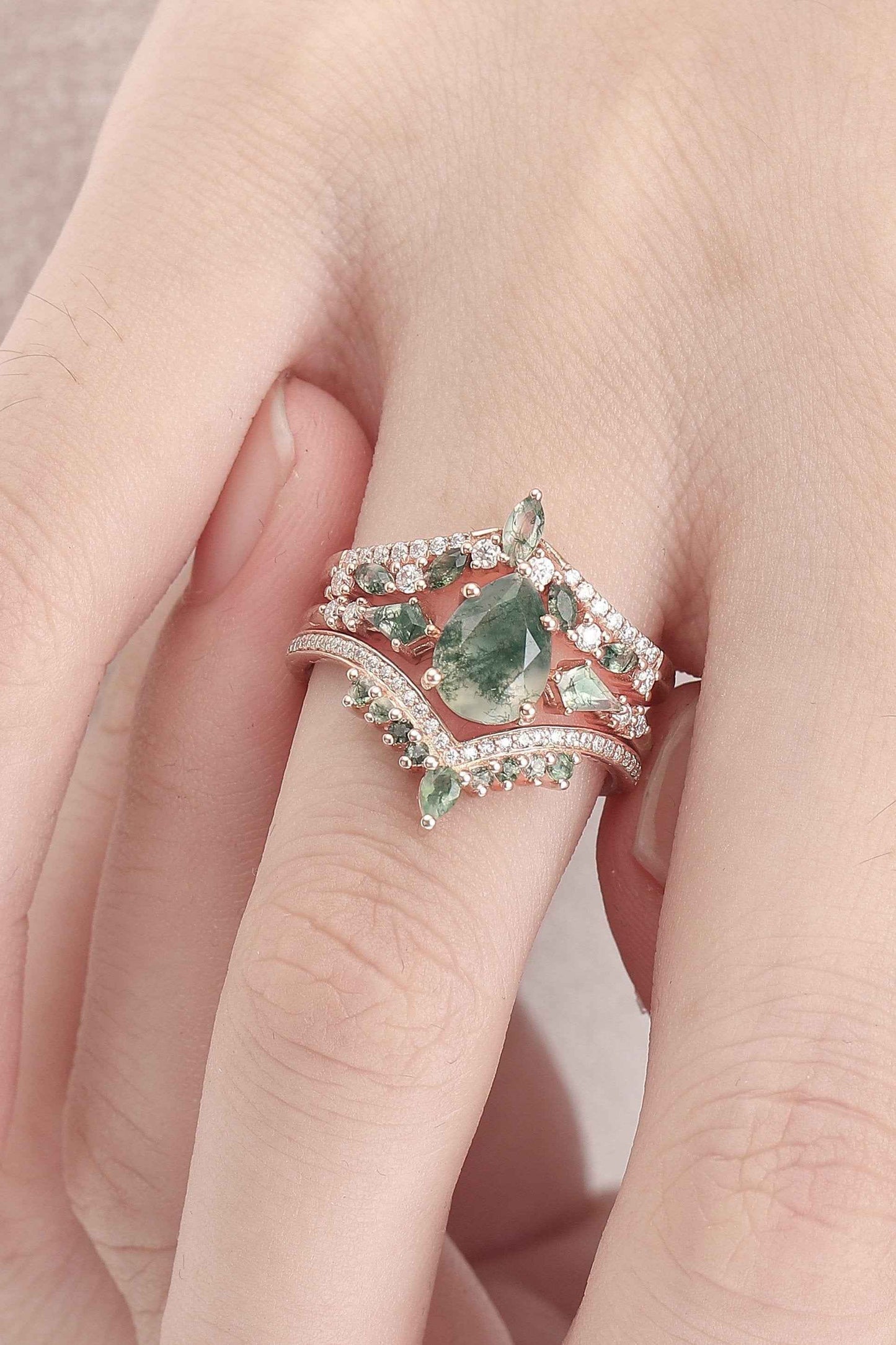 Nature Inspired Pear Cut Moss Agate Tree Shaped Gemstone Ring Set 3pcs