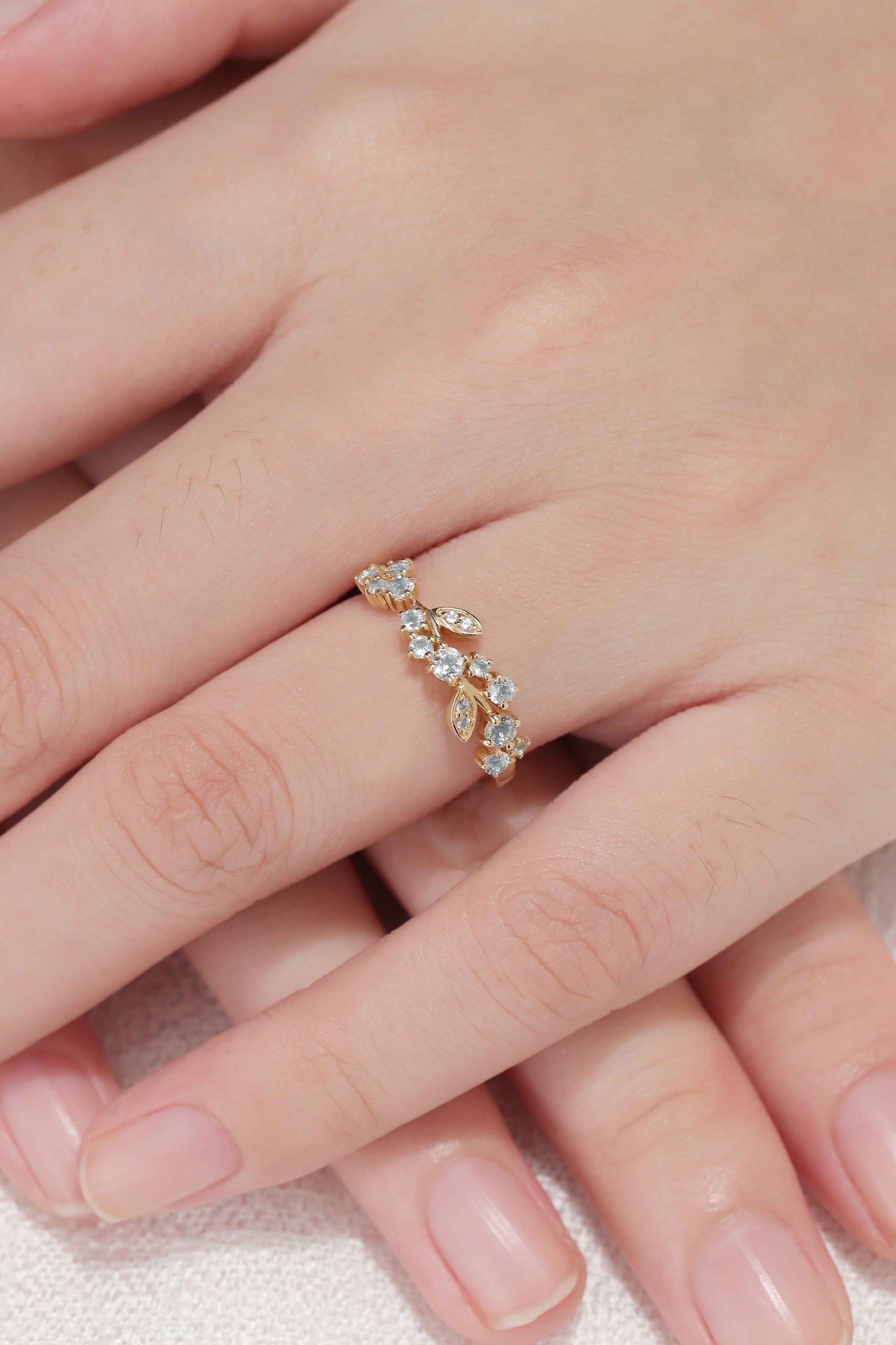 Nature Inspired Round Aquamarine Leaf Stacking Ring