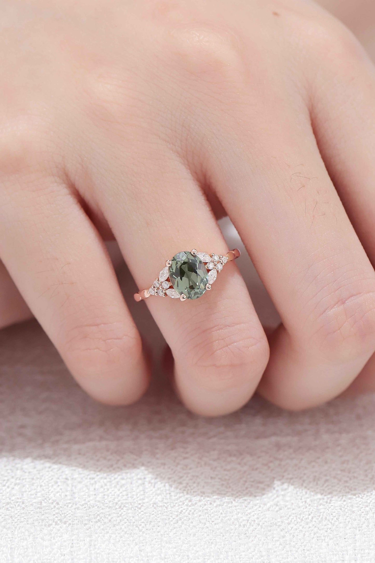 IverJewelry Nature Oval Shaped Green Sapphire Twisted Gemstone Ring