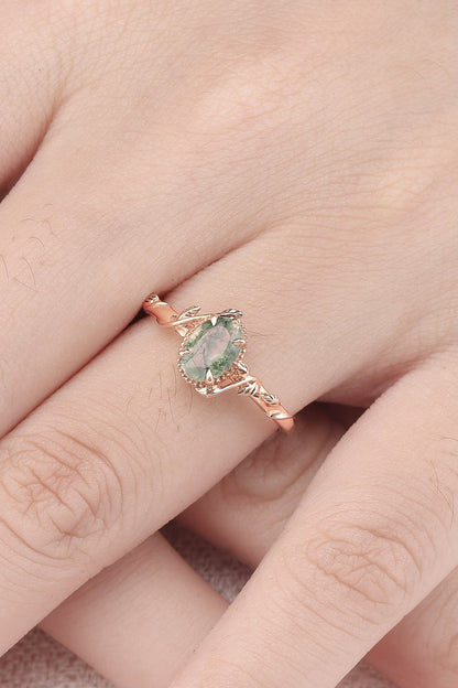 Nature Oval Shaped Moss Agate Leaf Gemstone Ring