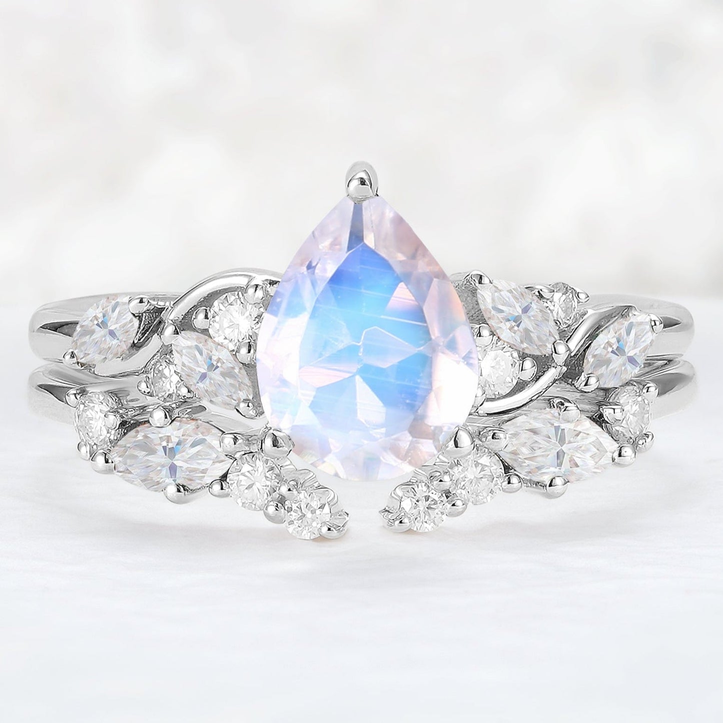 Nature Pear Shaped Moonstone Vine Gemstone Ring Set 2pcs