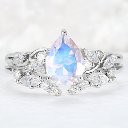 Nature Pear Shaped Moonstone Vine Gemstone Ring Set 2pcs