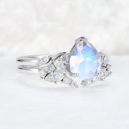 Nature Pear Shaped Moonstone Vine Gemstone Ring Set 2pcs