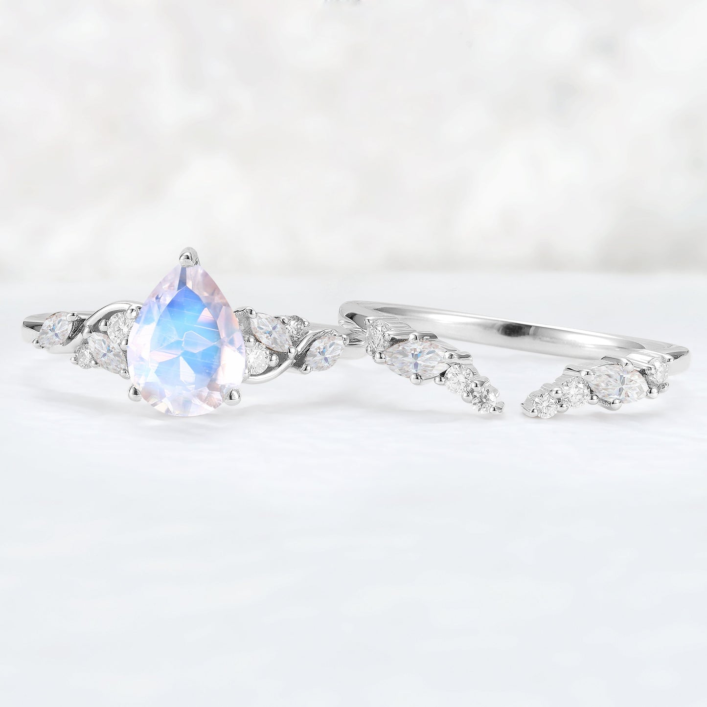 Nature Pear Shaped Moonstone Vine Gemstone Ring Set 2pcs
