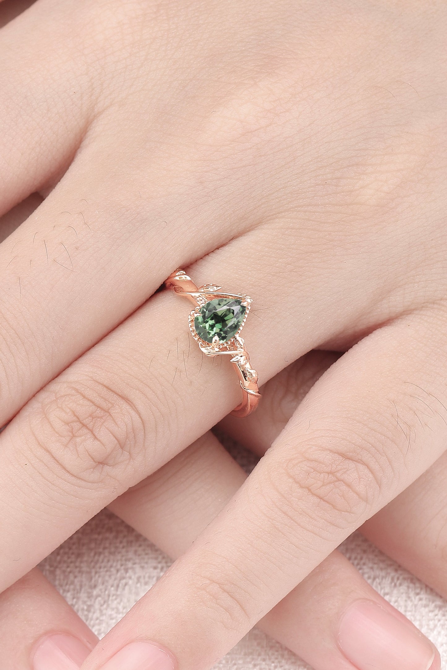 Nature Pear Shaped Lab Green Sapphire Leaf Gemstone Ring