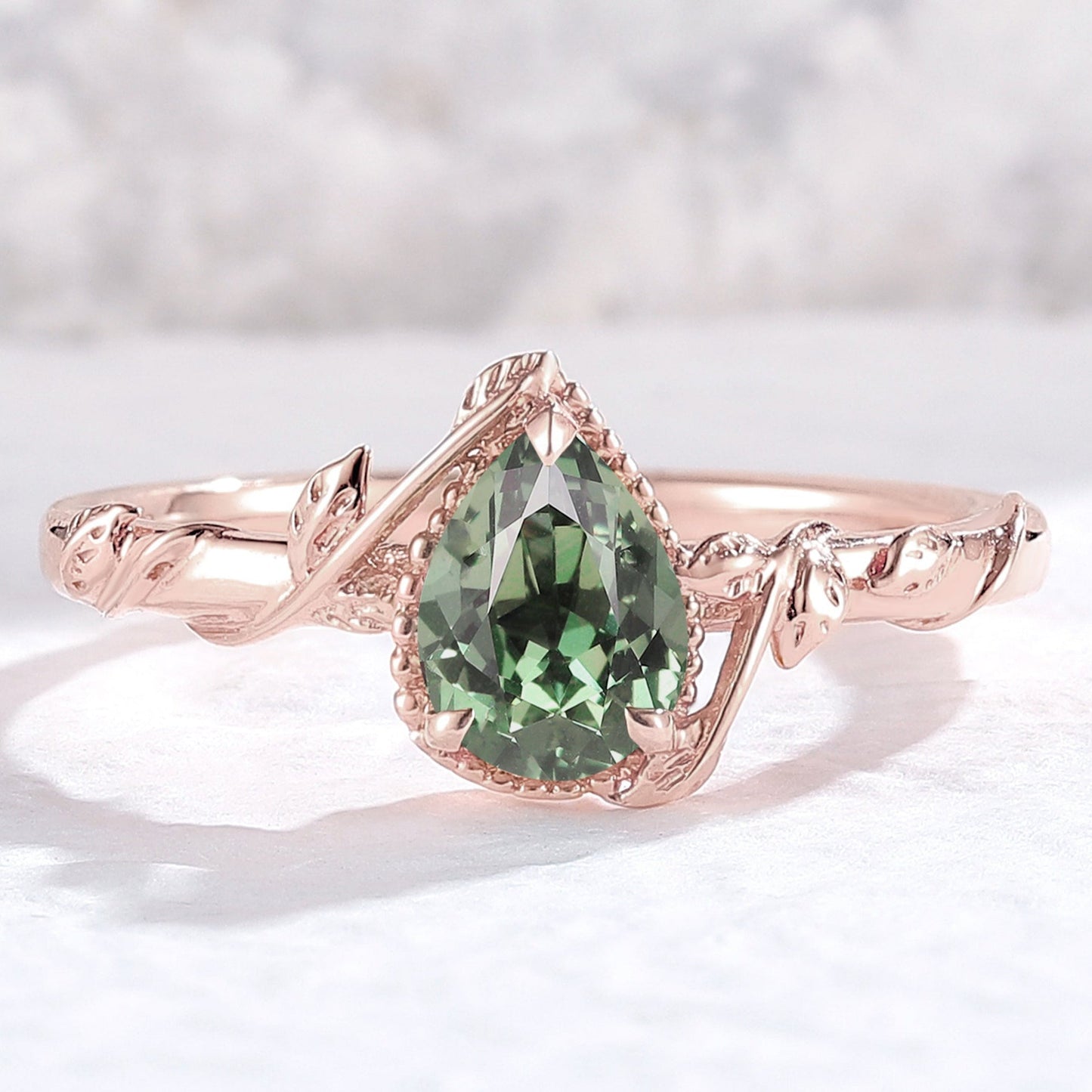 Nature Pear Shaped Lab Green Sapphire Leaf Gemstone Ring