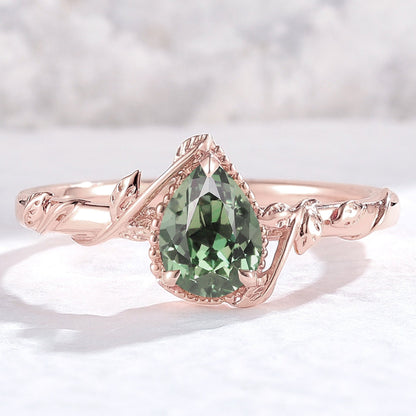 Nature Pear Shaped Lab Green Sapphire Leaf Gemstone Ring