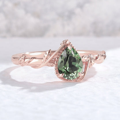Nature Pear Shaped Lab Green Sapphire Leaf Gemstone Ring
