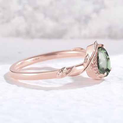 Nature Pear Shaped Lab Green Sapphire Leaf Gemstone Ring