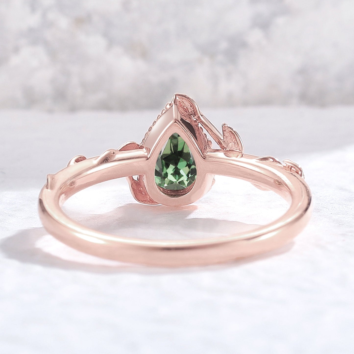 Nature Pear Shaped Lab Green Sapphire Leaf Gemstone Ring
