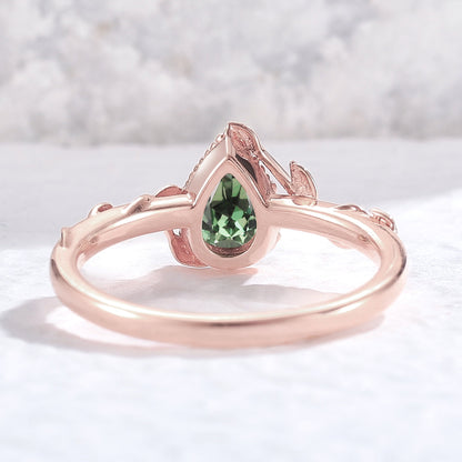 Nature Pear Shaped Lab Green Sapphire Leaf Gemstone Ring