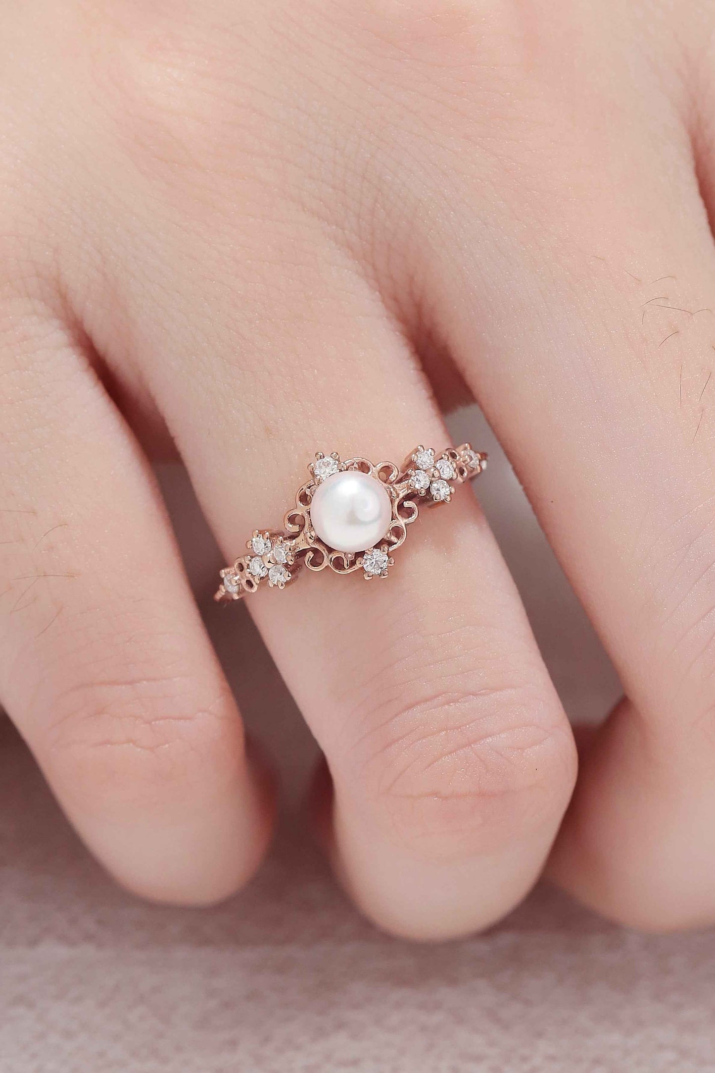 Nature Inspired Pearl and Moissanite Vine and Floral Gemstone Ring