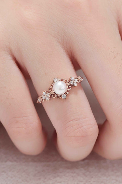 Nature Inspired Pearl and Moissanite Vine and Floral Gemstone Ring