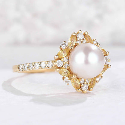 Nature Inspired Pearl and Citrine Half Enternityn Gemstone Ring