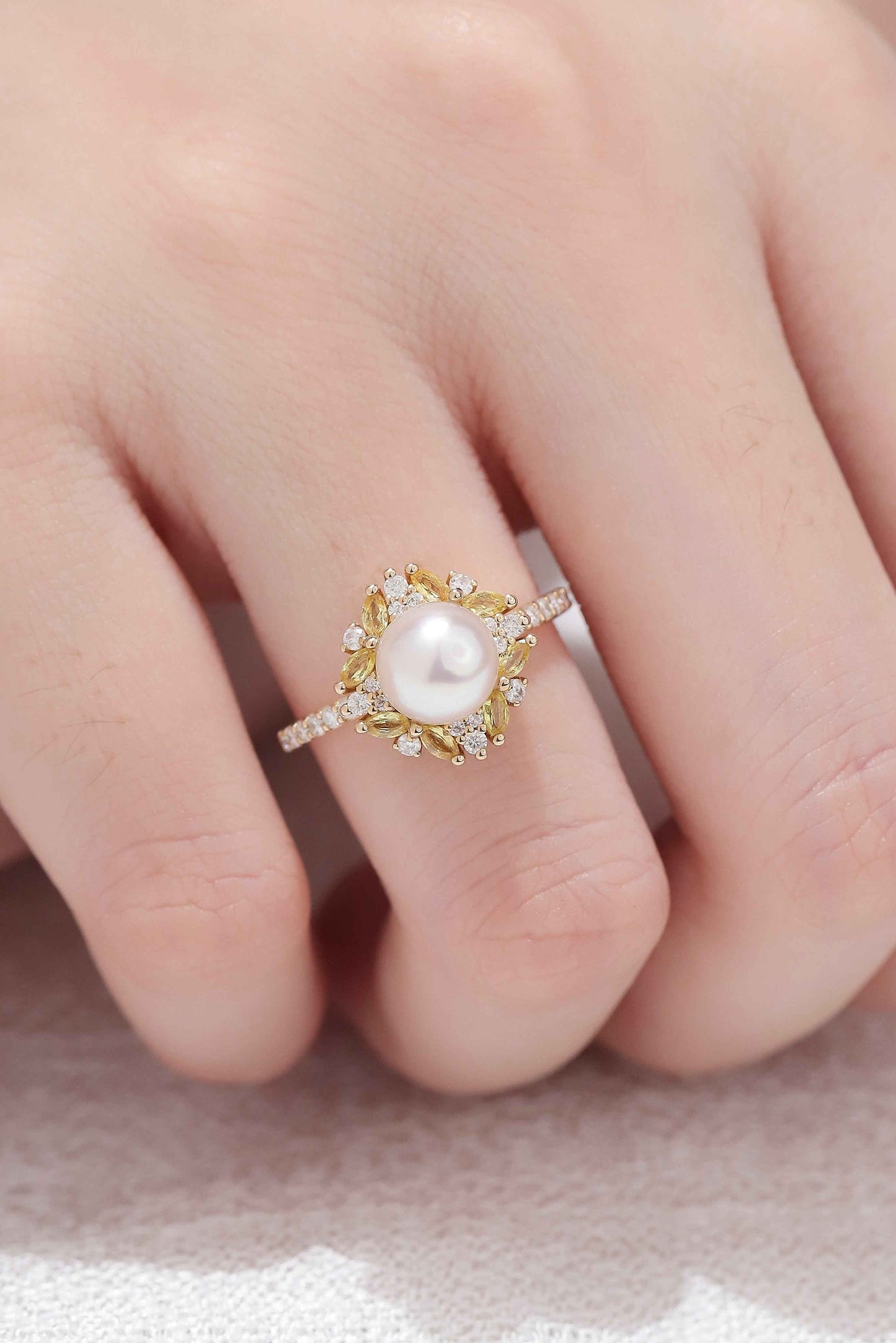 Nature Inspired Pearl and Citrine Half Enternityn Gemstone Ring