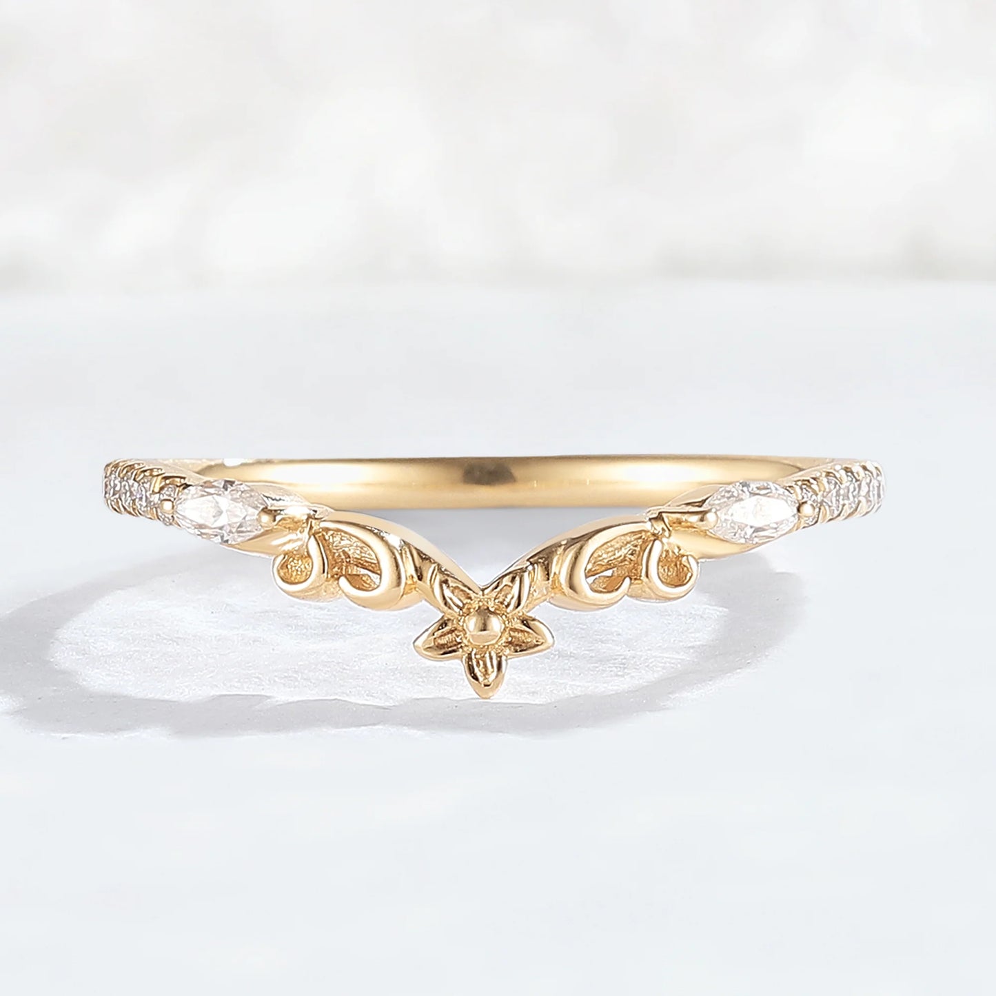 Nature Flora Marquise Cut Moissanite 14k Yellow Gold Wedding Ring