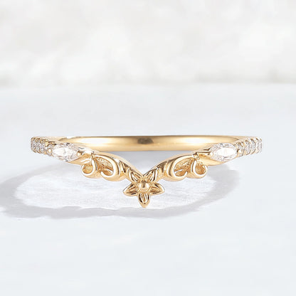 Nature Flora Marquise Cut Moissanite 14k Yellow Gold Wedding Ring