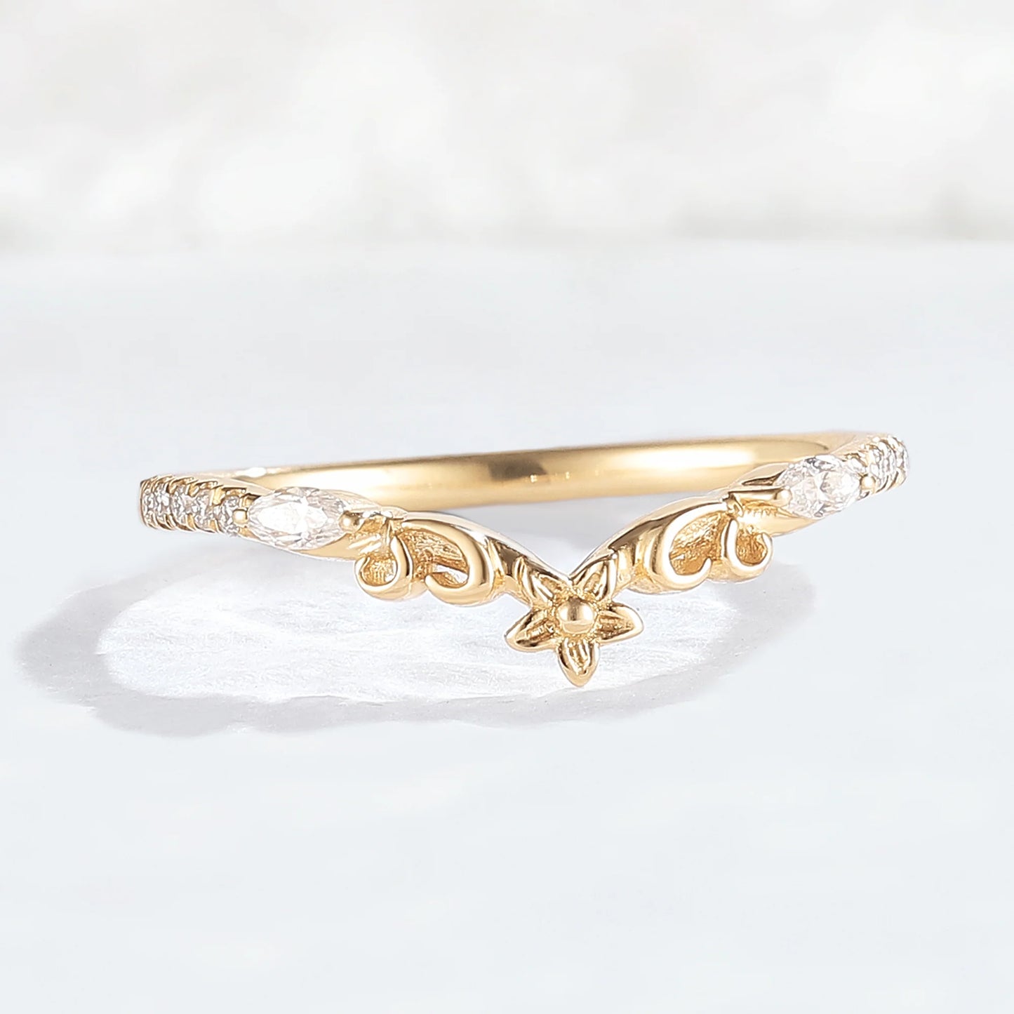 Nature Flora Marquise Cut Moissanite 14k Yellow Gold Wedding Ring