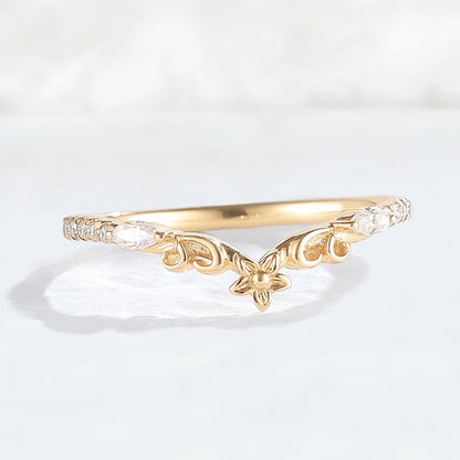Nature Flora Marquise Cut Moissanite 14k Yellow Gold Wedding Ring