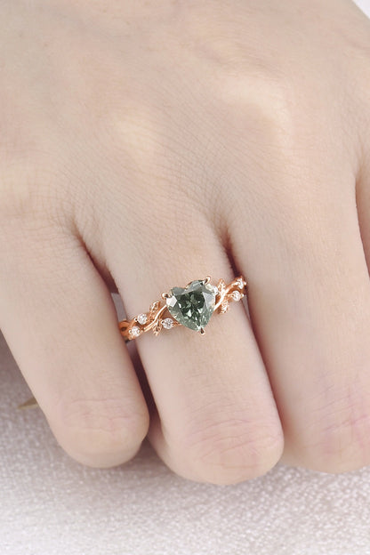 Nature Heart Cut Green Sapphire Twig Leafy Gemstone Ring