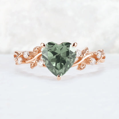Nature Heart Cut Green Sapphire Twig Leafy Gemstone Ring