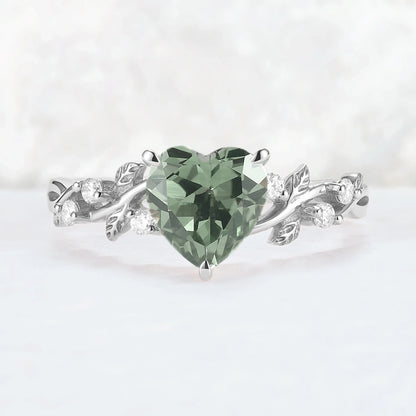 Nature Heart Cut Green Sapphire Twig Leafy Gemstone Ring