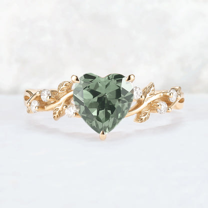 Nature Heart Cut Green Sapphire Twig Leafy Gemstone Ring