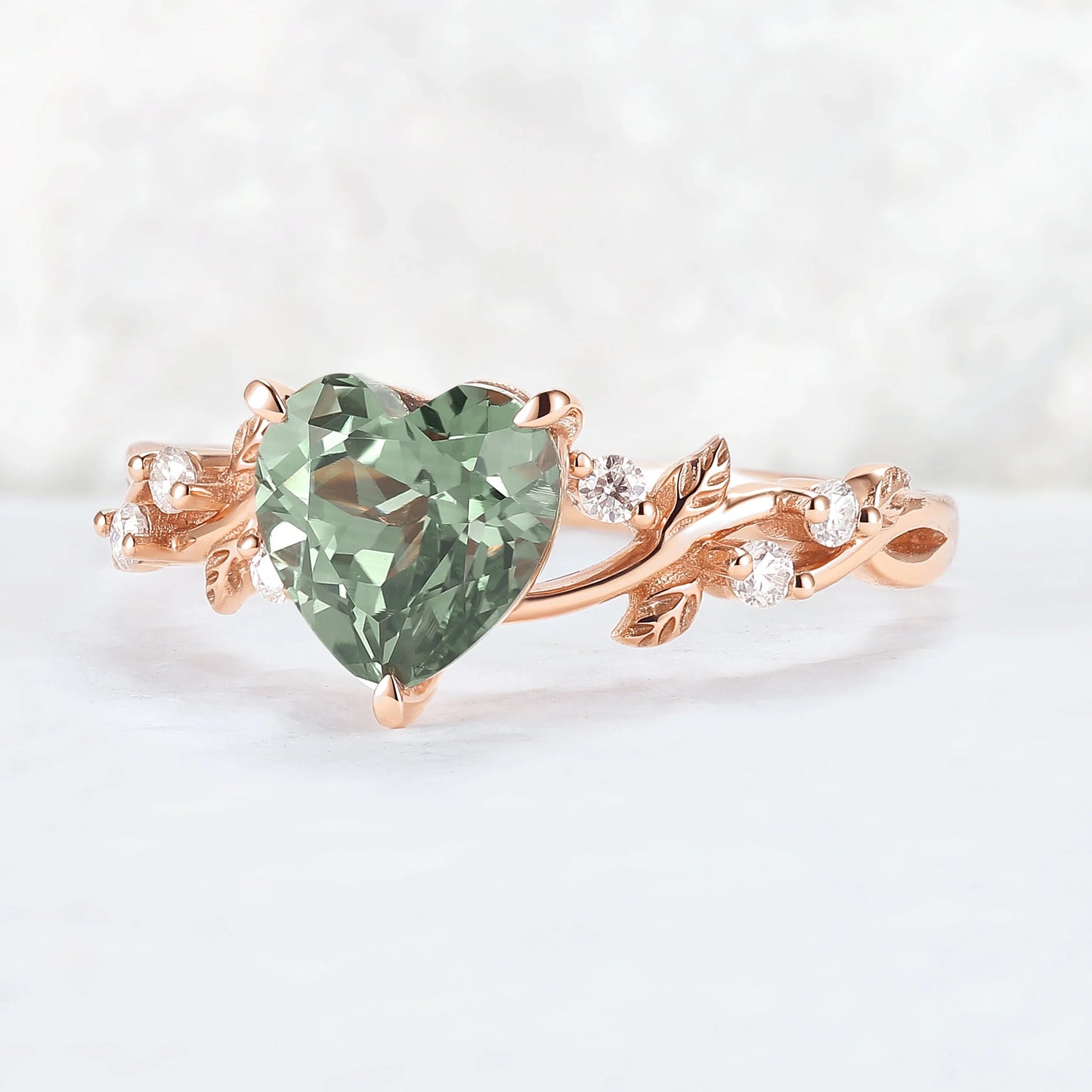 Nature Heart Cut Green Sapphire Twig Leafy Gemstone Ring