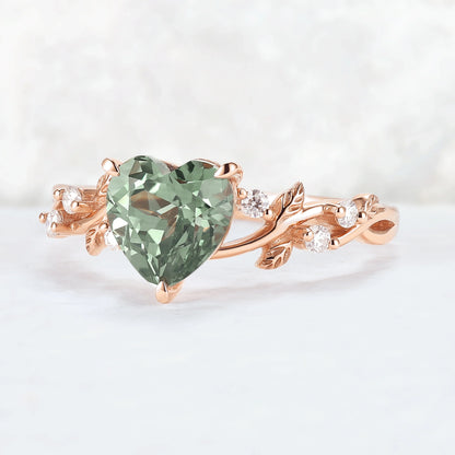 Nature Heart Cut Green Sapphire Twig Leafy Gemstone Ring