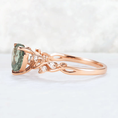 Nature Heart Cut Green Sapphire Twig Leafy Gemstone Ring