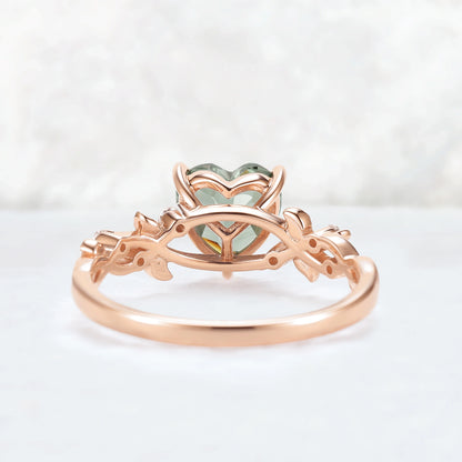 Nature Heart Cut Green Sapphire Twig Leafy Gemstone Ring