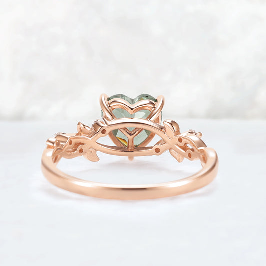 Nature Heart Cut Green Sapphire Twig Leafy Gemstone Ring