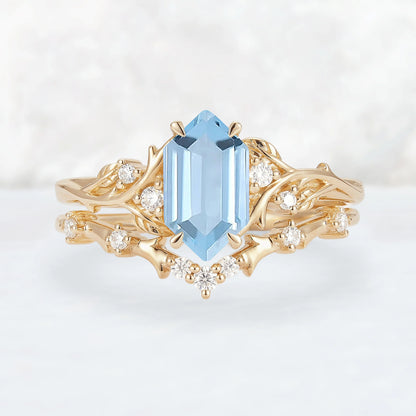 Nature Hexagon Cut Aquamarine Vine Gemstone Ring Set 2pcs