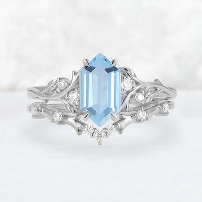 Nature Hexagon Cut Aquamarine Vine Gemstone Ring Set 2pcs