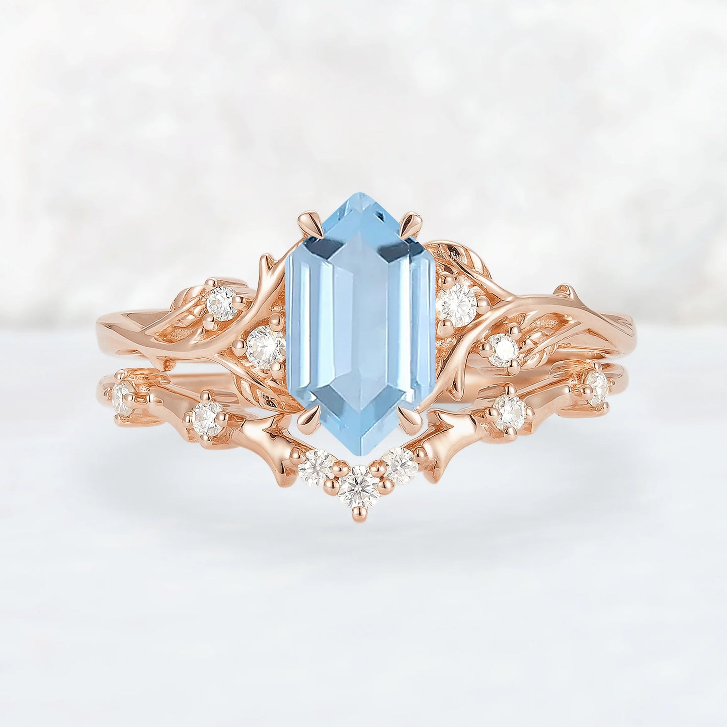 Nature Hexagon Cut Aquamarine Vine Gemstone Ring Set 2pcs
