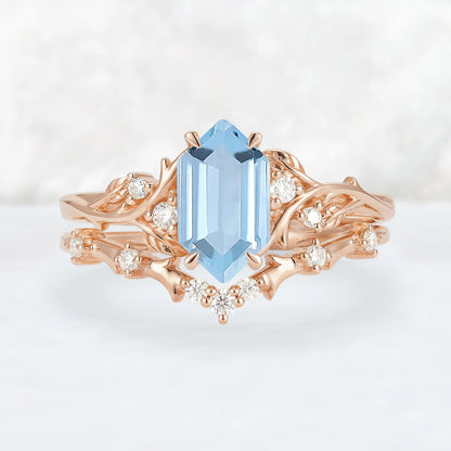 Nature Hexagon Cut Aquamarine Vine Gemstone Ring Set 2pcs