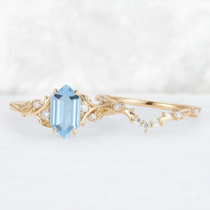 Nature Hexagon Cut Aquamarine Vine Gemstone Ring Set 2pcs