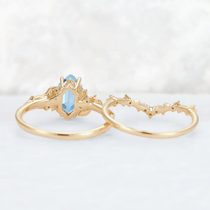 Nature Hexagon Cut Aquamarine Vine Gemstone Ring Set 2pcs