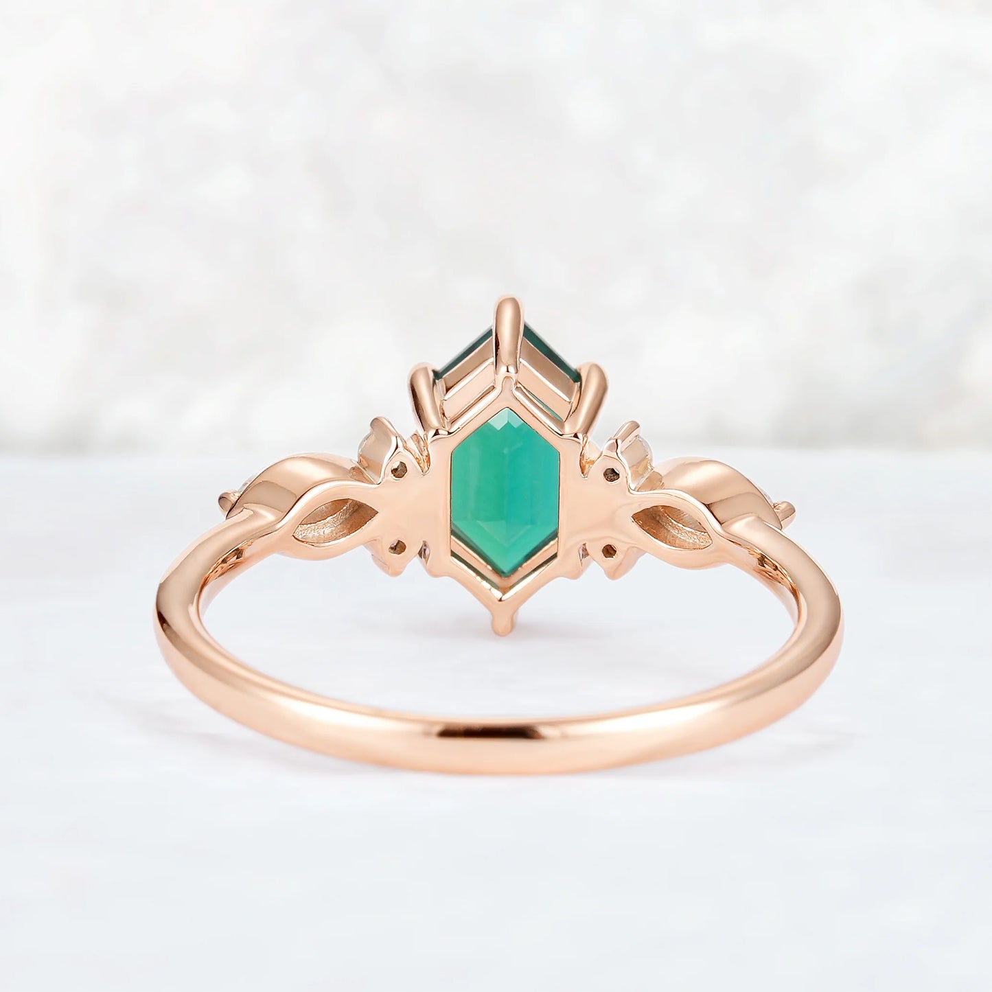 Nature Hexagon Cut Emerald Five Stone Gemstone Ring